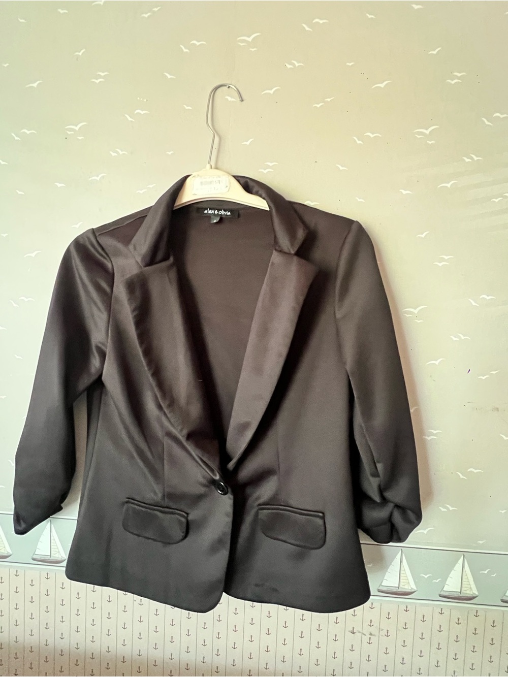 Alice & Olivia Black Satin Single-Button Blazer